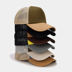 Stack of six breathable mesh trucker hats in various colors for outdoor sun protection