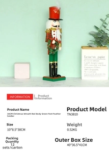Close-up of 38cm wooden Christmas nutcracker with plaid details and a wreath