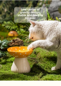 Close-up of mushroom-shaped ceramic cat bowl with anti-tip low center of gravity design