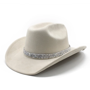 Classic beige suede cowboy hat with wide brim and luxury rhinestone band decoration