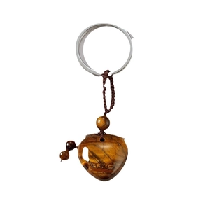 Tiger eye stone heart pendant keychain with brown woven rope and silver metal ring
