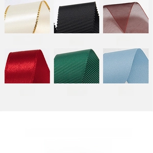 Detail view of polyester, satin, and grosgrain ribbons in various colors and textures