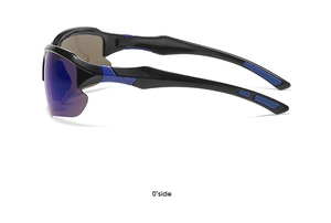 Side view of outdoor sports sunglasses with polarized blue lenses and black frame