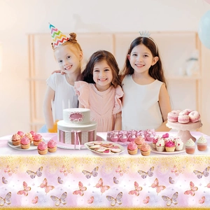 Pink butterfly themed disposable plastic tablecloth for girls birthday party celebrations