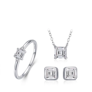 925 Sterling Silver Jewelry Set For Women Square Zirconia Geometric Necklace Earrings And Ring Minimalist Luxury Style