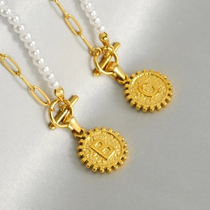 Elegant gold titanium steel letter B and C pearl necklaces with paperclip chain on silk