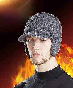 Detail of warm knit beanie with ear flaps and thick fleece lining in dark grey