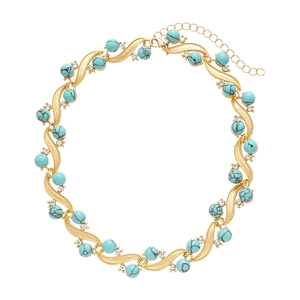 Golden woven chain necklace with turquoise beads and rhinestones on white background