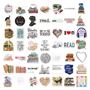 Detailed flat lay of 50 waterproof reading themed stickers with bookish slogans and art