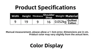 Detailed size specifications and material chart for the quilted cotton bottle sleeve bag
