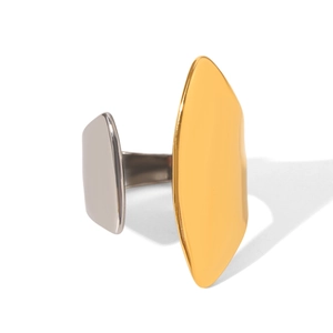 Detail view of two-tone gold and silver irregular geometric stainless steel open ring