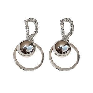 Silver letter D earrings with sparkling zircon crystals and metallic ball hoop drop