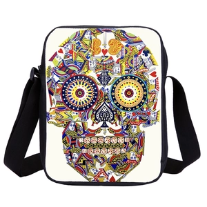 Mexican Skull 3D print crossbody bag with playing card pattern and black shoulder strap