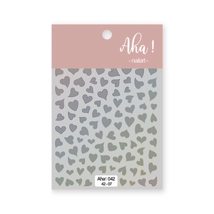 Detailed view of red heart nail stickers with laser metallic finish and Aha 042 branding