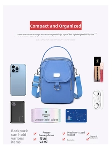 Detailed view of blue nylon crossbody bag interior capacity with multi-layer zippers