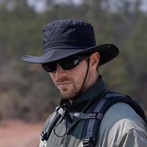 Outdoor black wide brim sun hat with adjustable chin strap and breathable vents