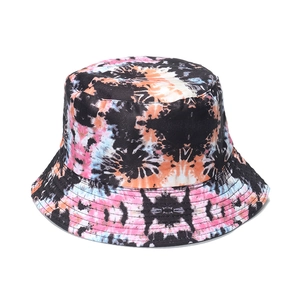 Detailed view of tie-dye bucket hat with colorful dye patterns and stitching on the brim