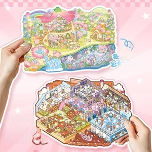 Detail of 3D miniature scene PET stickers featuring Rainbow Wonderland and Chocolate Factory