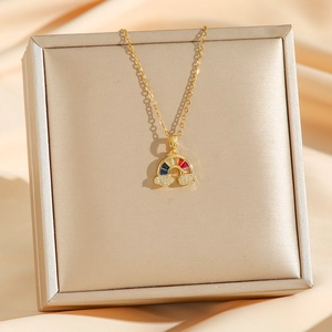 Rainbow pendant necklace in gold titanium steel with colorful zircons and diamond clouds