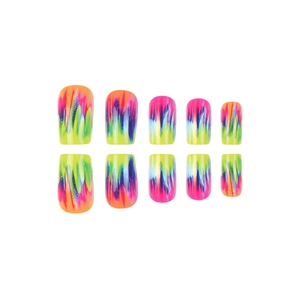 Rainbow tie-dye press-on nails set with colorful neon spray paint patterns in square shape