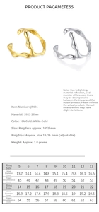 Size chart for S925 sterling silver open rings showing diameter and circumference details