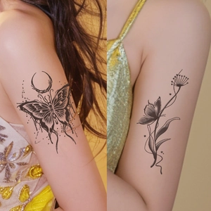 Waterproof floral and butterfly temporary tattoos with black herbal ink for women's arm
