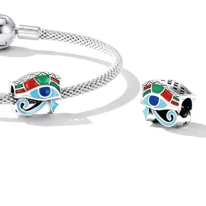 S925 sterling silver evil eye charm with colorful enamel on mesh bracelet