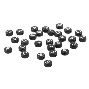 Black acrylic flat round alphabet beads with white letters for DIY jewelry making