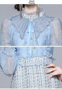 Detail of light blue lace dress featuring pearl beading, embroidery, and tweed texture