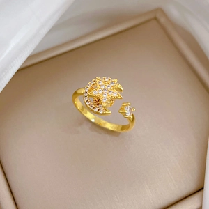 Adjustable gold plated star and moon ring with sparkling cubic zirconia crystals