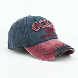 Vintage colorblock baseball cap with OCEAN embroidery and distressed brim in navy and red