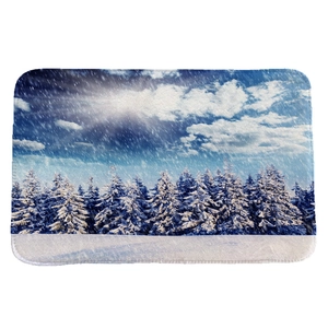 Winter snowy forest flannel floor mat with non-slip backing for bathroom or living room