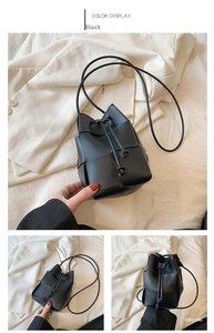 Detailed views of a black woven bucket bag showing its unique texture and drawstring closure