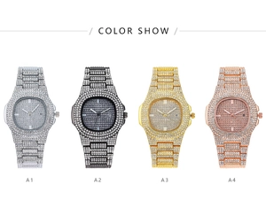 Detail showing four crystal iced-out quartz watches in silver, black, gold and rose gold