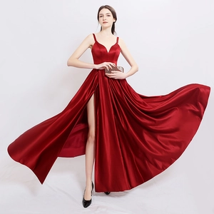 Robe De Soirée Élégante En Satin Femmes Col En V Bretelles Spaghetti Fente Haute Dos Nu Lacets Longueur Sol Robe Formelle