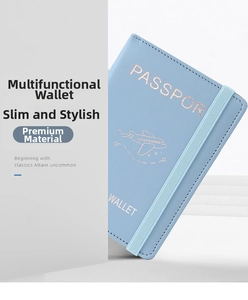 Detailed view of light blue PU leather passport holder with rose gold foil stamping and strap