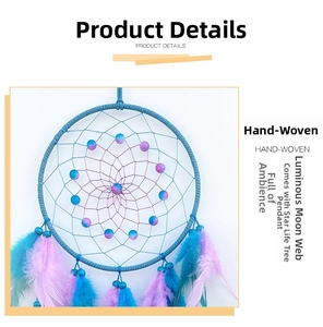 Detailed macro view of bohemian dream catcher with blue feathers and woven beads