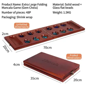 Foldable wooden Mancala board game set with dimensions 70x20cm and 48 glass beads