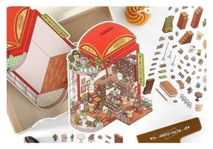 Detail of 2.5D PET cartoon landscaping stickers with stationery set and clips for DIY