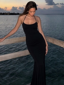 Halter Maxi Dress Viscose Spandex Slim Fit Backless Solid Color Sexy Elegant Evening Party Women Bodycon