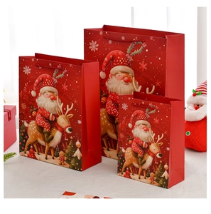Three sizes of red Christmas gift bags featuring Santa and reindeer festive illustrations