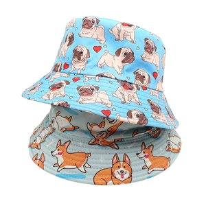 Reversible bucket hats with cartoon dog prints including Corgi and Pug on high-quality cotton