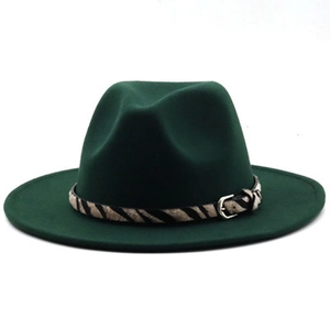 Detail of dark green wool fedora hat featuring a zebra print belt with silver buckle
