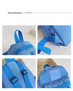 Detailed views of blue kids backpack with reinforced handle and adjustable plastic buckles