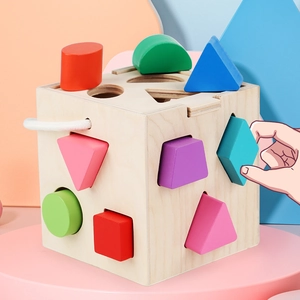 Thirteen-hole wooden shape sorter box with colorful geometric blocks for early education