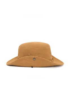 Side view of khaki cotton sun hat featuring metal vents and adjustable drawstring