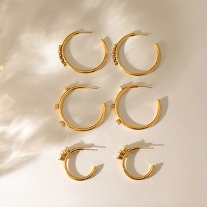 Three pairs of minimalist 18K gold plated stainless steel C-shaped earrings with white zircon