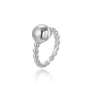 Minimalist silver plated open ring with polished metal spheres and a large bead