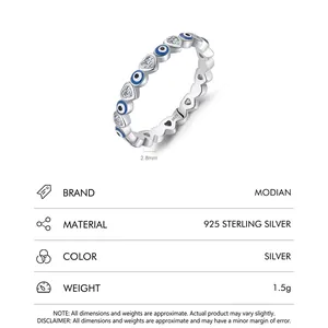 S925 sterling silver ring featuring blue enamel evil eyes and heart-shaped zircons