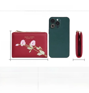 Detailed size chart for red leather women's wallet with floral embroidery by Baellerry
